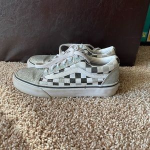 Women’s Checkered Black and White Vans with Silver Glitter